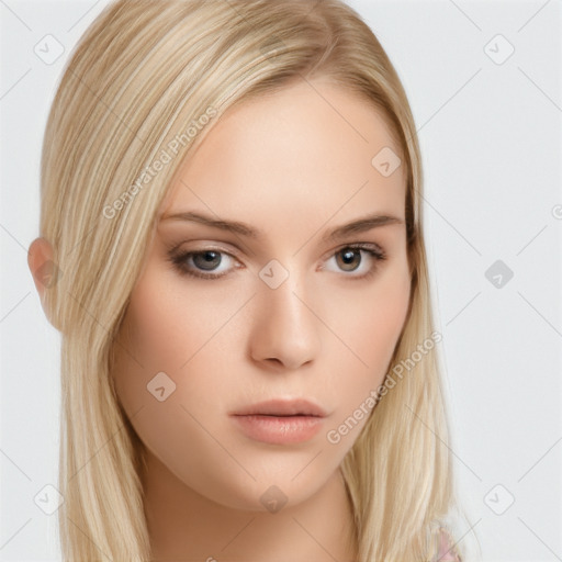 Neutral white young-adult female with long  blond hair and brown eyes