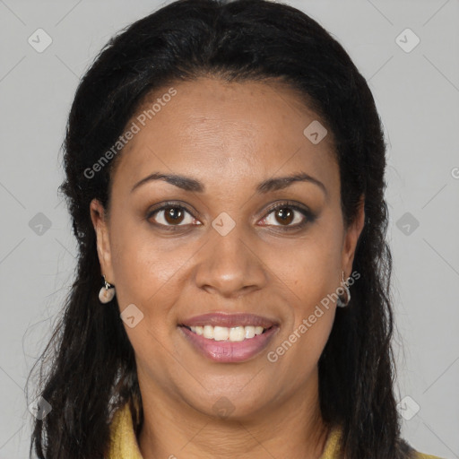 Joyful black young-adult female with long  brown hair and brown eyes