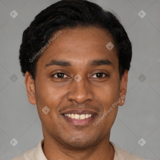 Joyful latino young-adult male with short  black hair and brown eyes