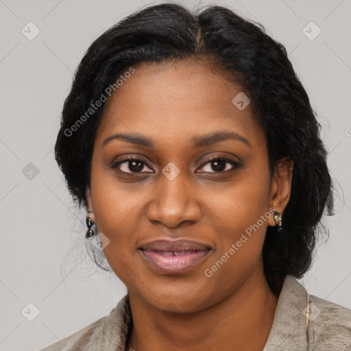 Joyful black young-adult female with medium  black hair and brown eyes