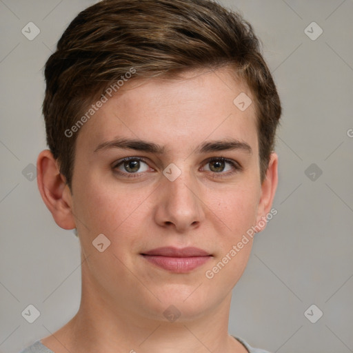 Joyful white young-adult female with short  brown hair and grey eyes