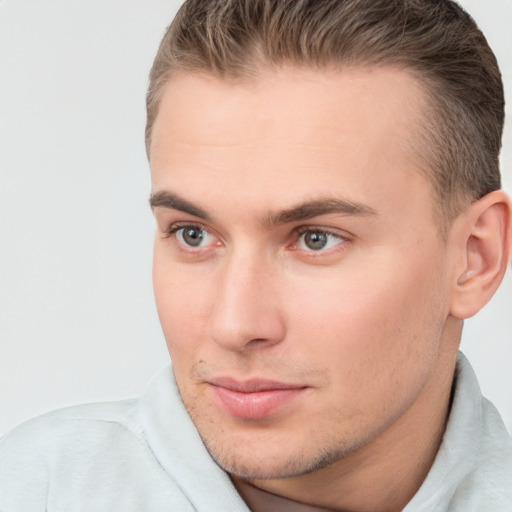 Neutral white young-adult male with short  brown hair and brown eyes