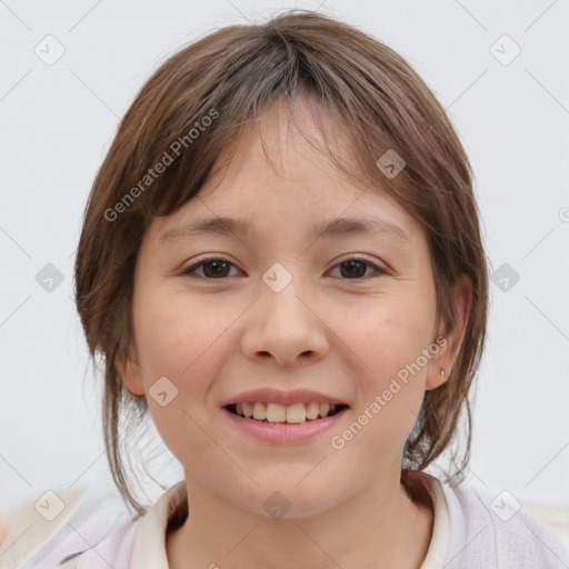 Joyful white child female with medium  brown hair and brown eyes