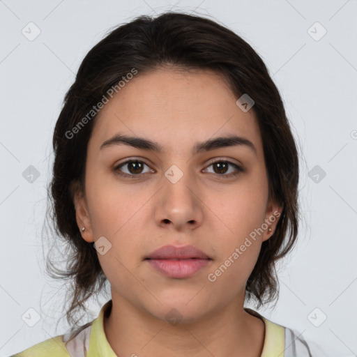 Neutral white young-adult female with medium  brown hair and brown eyes