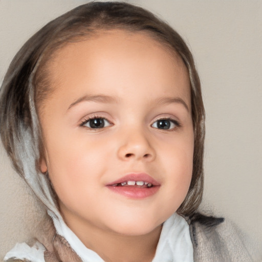 Joyful white child female with medium  brown hair and blue eyes