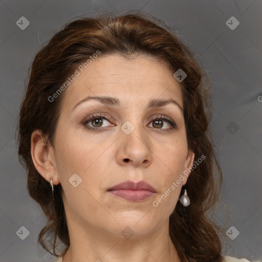 Neutral white adult female with medium  brown hair and brown eyes