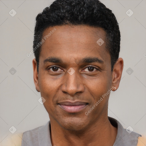 Joyful black young-adult male with short  black hair and brown eyes