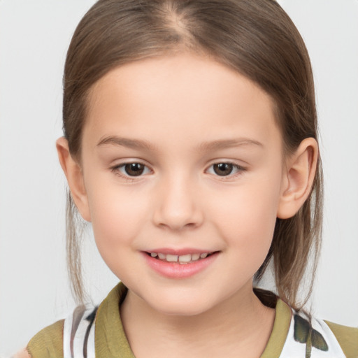 Joyful white child female with medium  brown hair and brown eyes