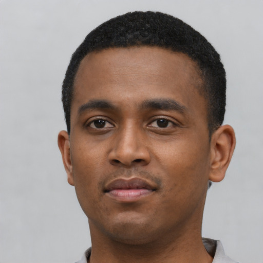 Neutral black young-adult male with short  black hair and brown eyes