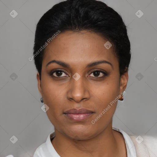 Neutral black young-adult female with short  black hair and brown eyes