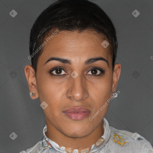 Joyful latino young-adult female with short  brown hair and brown eyes