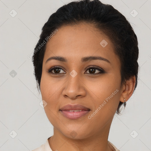 Joyful latino young-adult female with short  brown hair and brown eyes