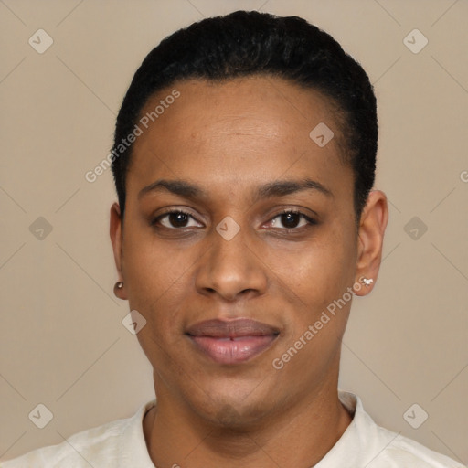 Joyful black young-adult female with short  black hair and brown eyes