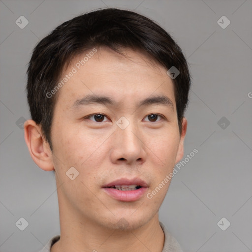 Neutral asian young-adult male with short  brown hair and brown eyes