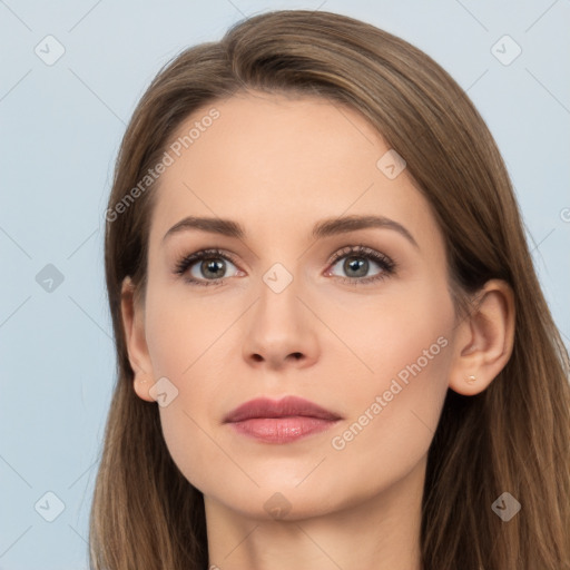 Neutral white young-adult female with long  brown hair and brown eyes