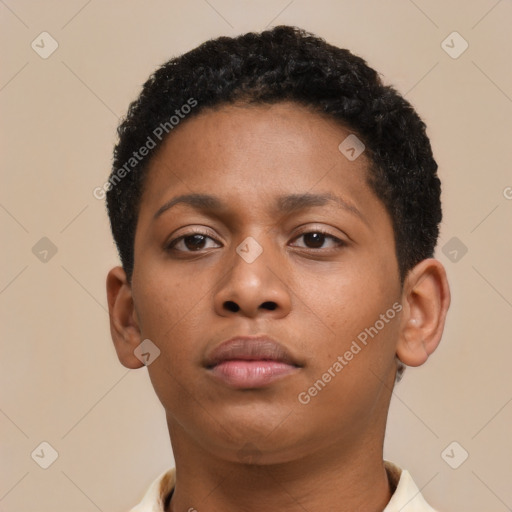 Neutral latino young-adult female with short  brown hair and brown eyes