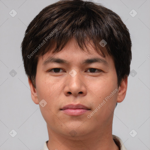 Neutral asian young-adult male with short  brown hair and brown eyes