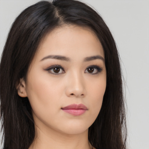 Neutral asian young-adult female with long  brown hair and brown eyes