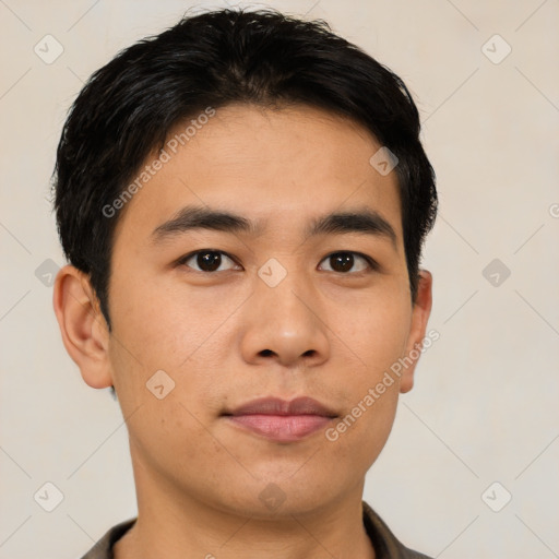 Neutral asian young-adult male with short  black hair and brown eyes