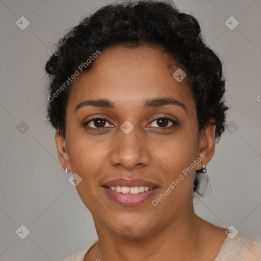 Joyful latino young-adult female with short  brown hair and brown eyes