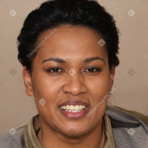 Joyful latino young-adult female with short  black hair and brown eyes