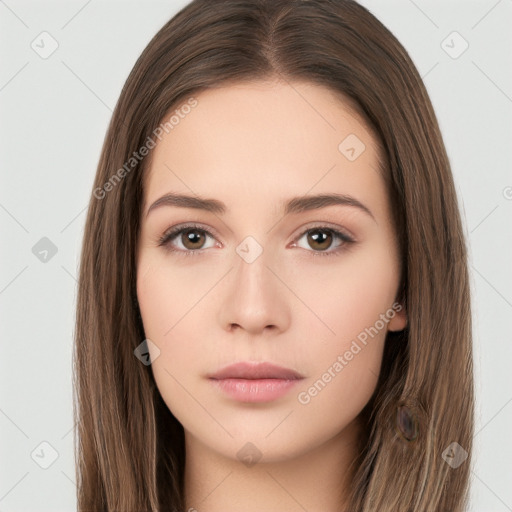 Neutral white young-adult female with long  brown hair and brown eyes