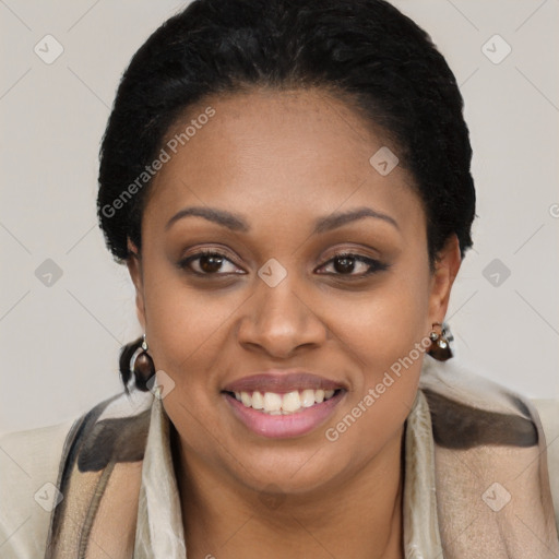 Joyful latino young-adult female with short  black hair and brown eyes