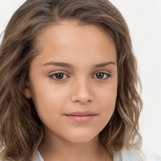 Joyful white child female with long  brown hair and brown eyes