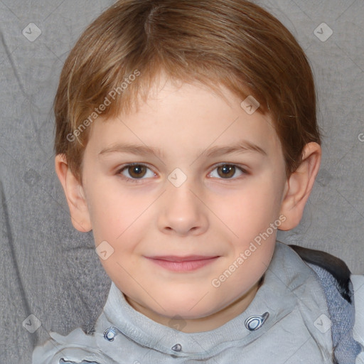 Joyful white child female with short  brown hair and brown eyes