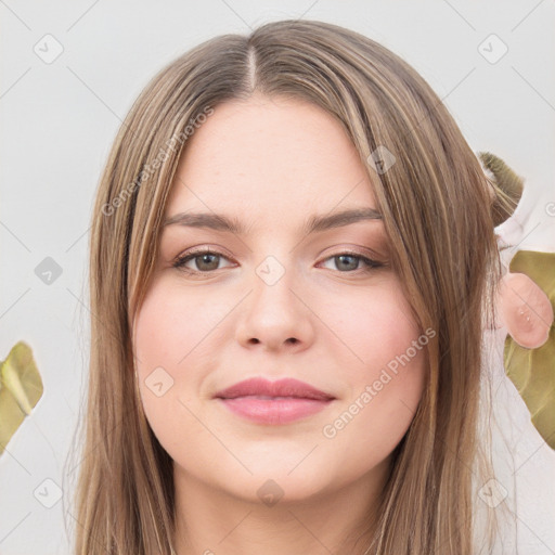 Neutral white young-adult female with long  brown hair and grey eyes