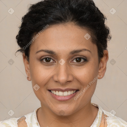 Joyful latino young-adult female with short  brown hair and brown eyes