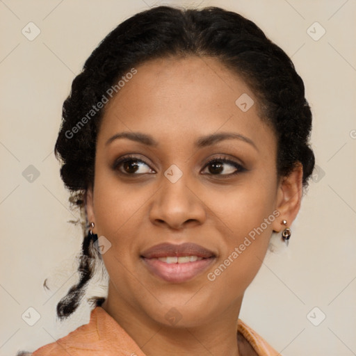 Joyful latino young-adult female with long  black hair and brown eyes