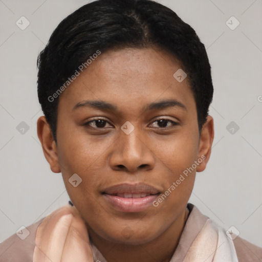 Joyful black young-adult female with short  brown hair and brown eyes