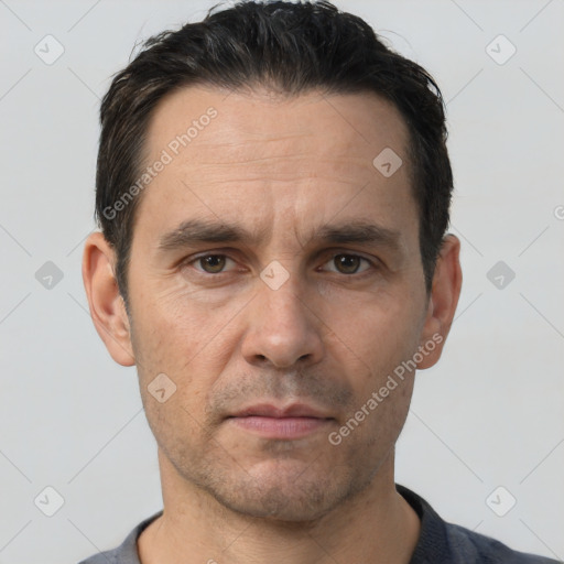 Neutral white adult male with short  black hair and brown eyes