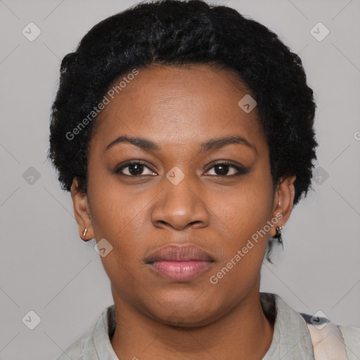 Neutral black young-adult female with short  black hair and brown eyes