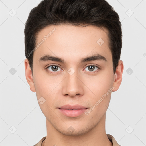 Neutral white young-adult male with short  brown hair and brown eyes