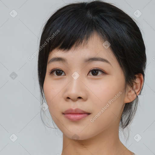 Neutral asian young-adult female with medium  black hair and brown eyes