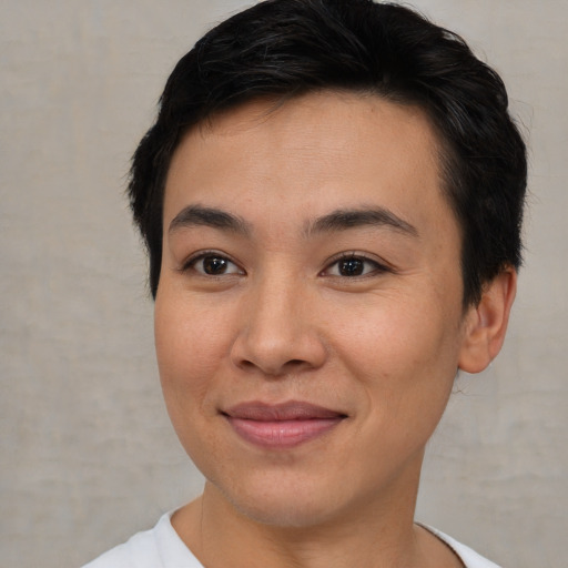 Joyful asian young-adult female with short  brown hair and brown eyes
