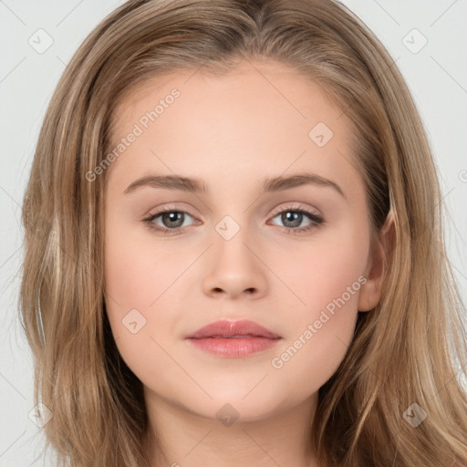 Neutral white young-adult female with long  brown hair and brown eyes