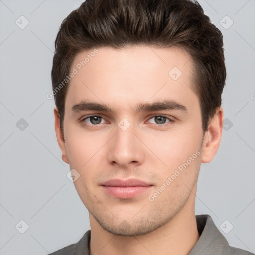 Neutral white young-adult male with short  brown hair and brown eyes