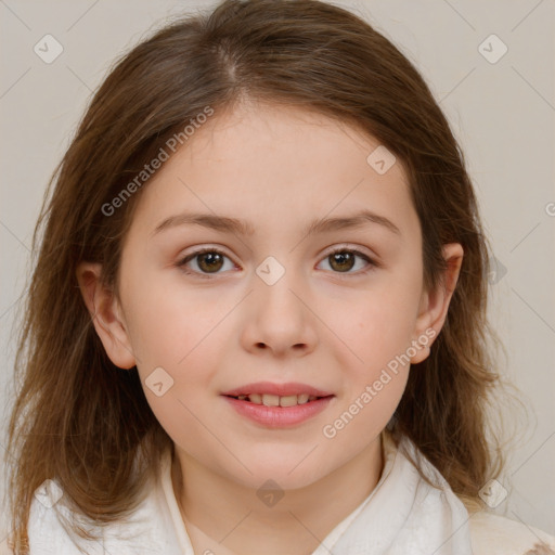 Joyful white child female with medium  brown hair and brown eyes