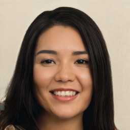 Joyful latino young-adult female with long  black hair and brown eyes