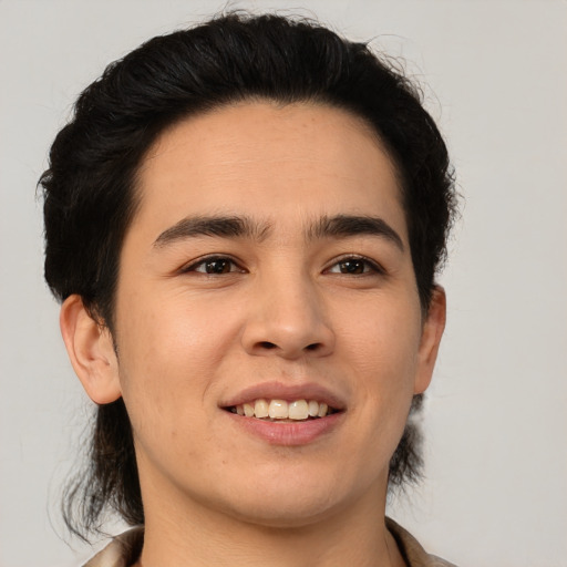 Joyful asian young-adult male with short  brown hair and brown eyes