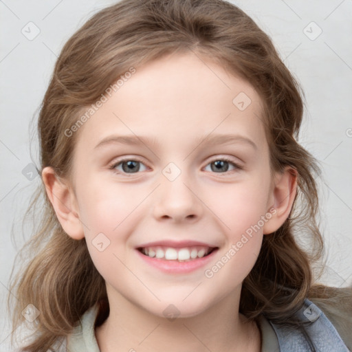 Joyful white child female with medium  brown hair and blue eyes