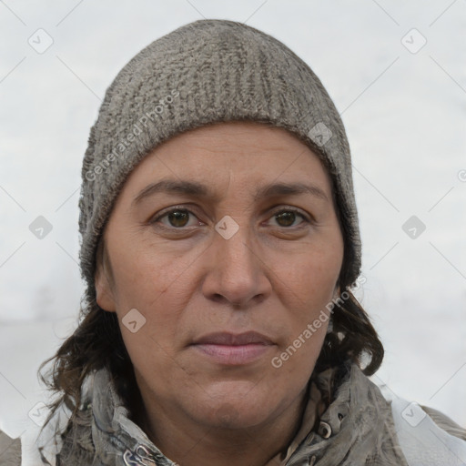 Joyful white adult female with short  brown hair and grey eyes