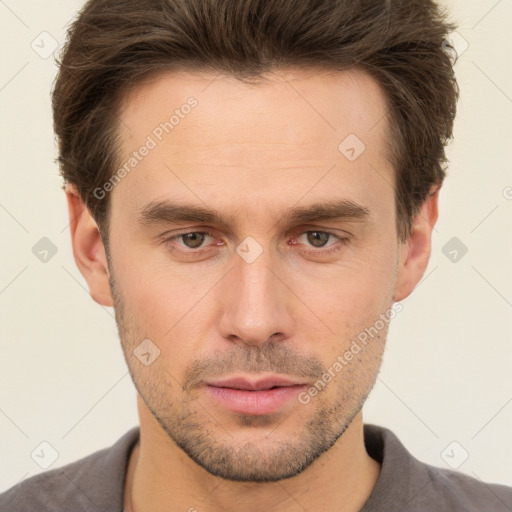 Neutral white young-adult male with short  brown hair and brown eyes