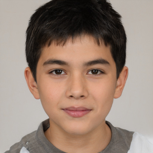 Joyful white child male with short  brown hair and brown eyes