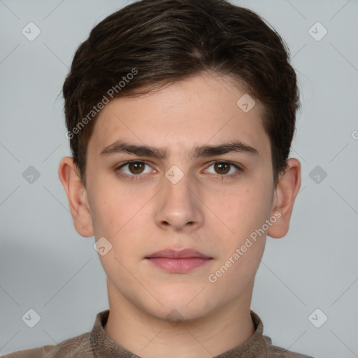 Neutral white young-adult male with short  brown hair and brown eyes