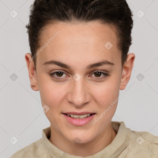 Joyful white young-adult female with short  brown hair and brown eyes