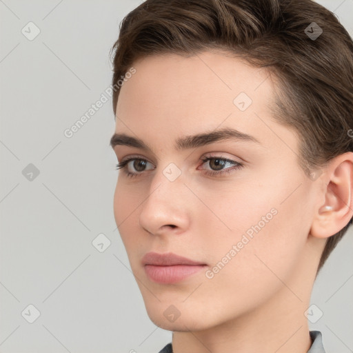 Neutral white young-adult female with short  brown hair and brown eyes